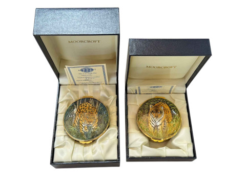 Two Moorcroft enamel trinket boxes 'Tiger' 12/50 with certificate and...