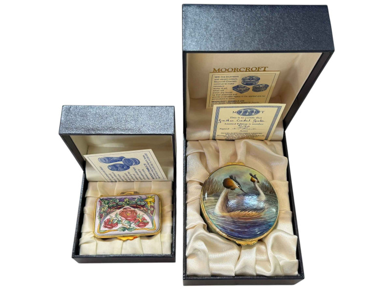 Two Moorcroft enamel trinket boxes Greater Crested Grebe 41/50 with certificate and Golden Jubilee no certificate.