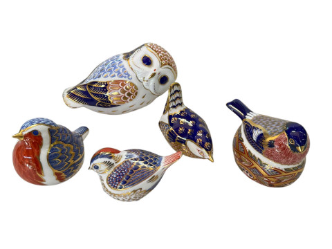 Five Royal Crown Derby bird paperweights including Owl, Nesting Bullfinch,...