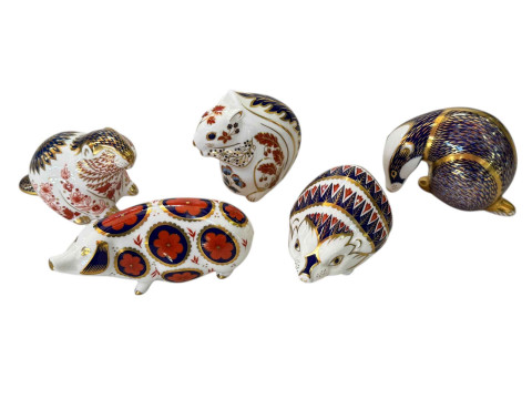 Five Royal Crown Derby paperweights including Hedgehog, Beaver, Squirrel...