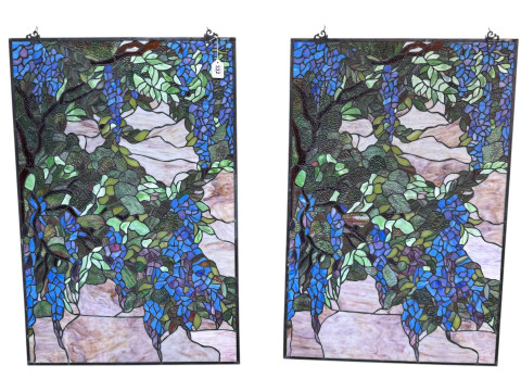 Pair Arboreal leaded glass panels, 92cm by 61cm.