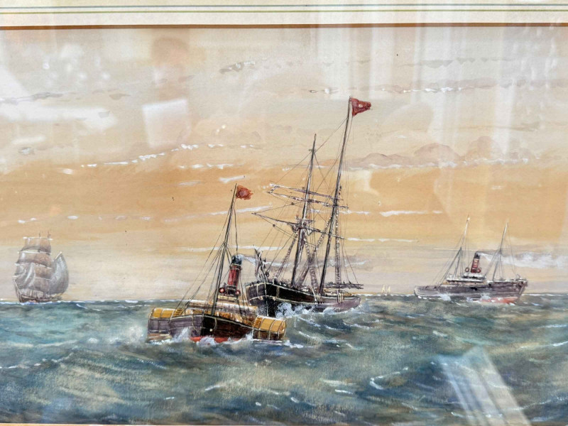 E Adams, marine watercolour, signed and dated 1900 lower right, 23.5cm by 51cm, in gilt frame.
