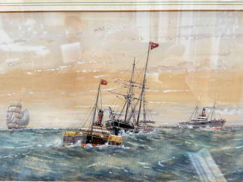 E Adams, marine watercolour, signed and dated 1900 lower right, 23.5cm by 51cm, in gilt frame. thumbnail