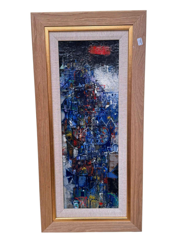 Louis James 1920-1996, Vertical Metropolis II, oil on board, signed lower right, 51cm by 17cm, framed, Gallery label verso. *ARR (Artists Resale Royalty Charge) may apply to this lot*.