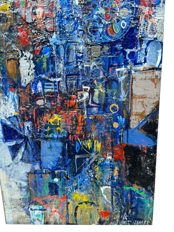 Louis James 1920-1996, Vertical Metropolis II, oil on board, signed lower right, 51cm by 17cm, framed, Gallery label verso. *ARR (Artists Resale Royalty Charge) may apply to this lot*.