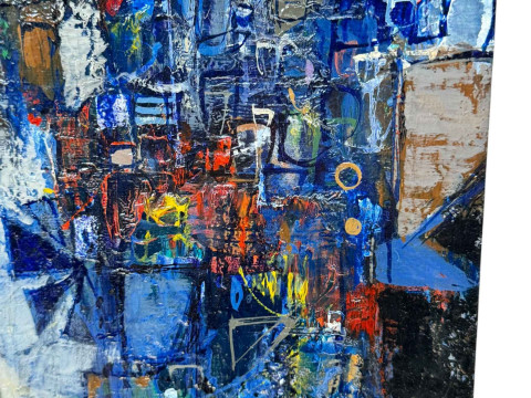 Louis James 1920-1996, Vertical Metropolis II, oil on board, signed lower right, 51cm by 17cm, framed, Gallery label verso. *ARR (Artists Resale Royalty Charge) may apply to this lot*. thumbnail