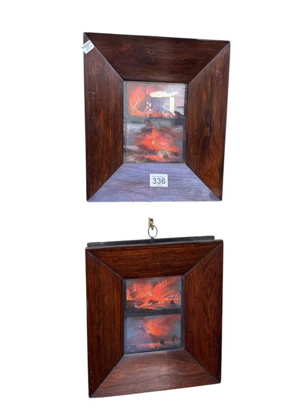 Pair of gouache sketches of the eruption of Mount Vesuvius, 1794, 1803, 1812 and 1822, in rosewood frames, 27cm by 24cm, including frames.