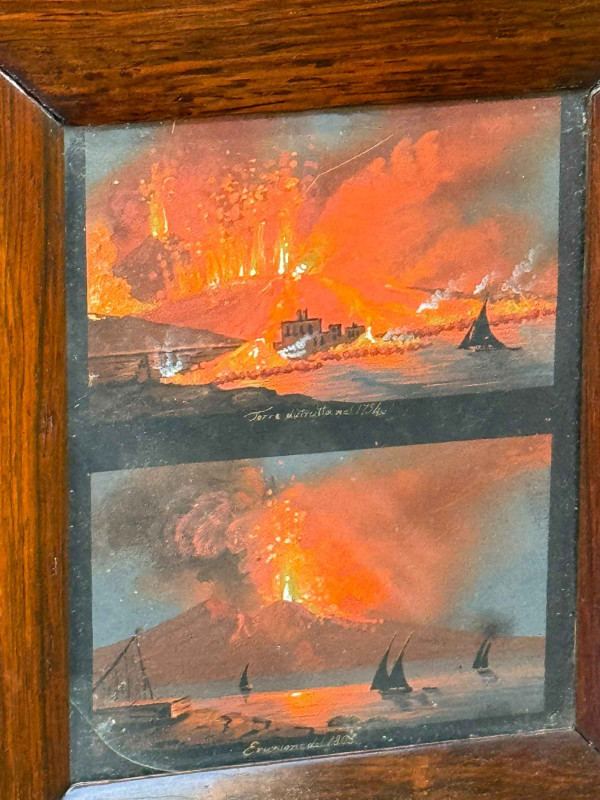 Pair of gouache sketches of the eruption of Mount Vesuvius, 1794, 1803, 1812 and 1822, in rosewood frames, 27cm by 24cm, including frames.