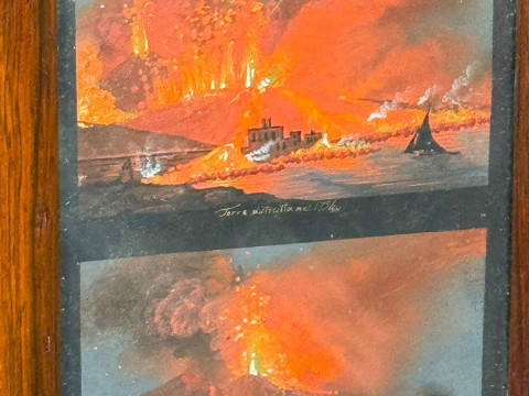 Pair of gouache sketches of the eruption of Mount Vesuvius, 1794, 1803, 1812 and 1822, in rosewood frames, 27cm by 24cm, including frames. thumbnail