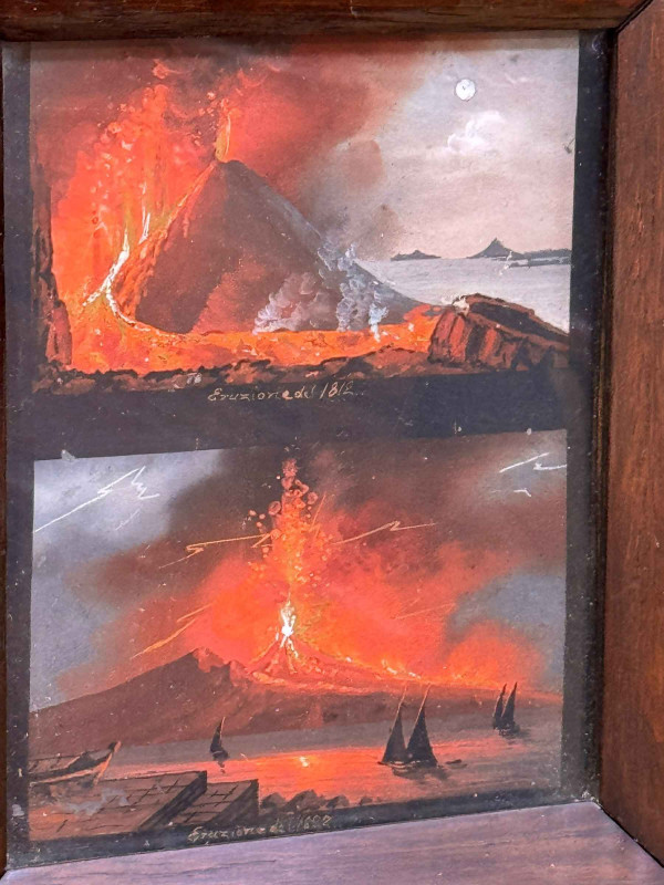 Pair of gouache sketches of the eruption of Mount Vesuvius, 1794, 1803, 1812 and 1822, in rosewood frames, 27cm by 24cm, including frames.