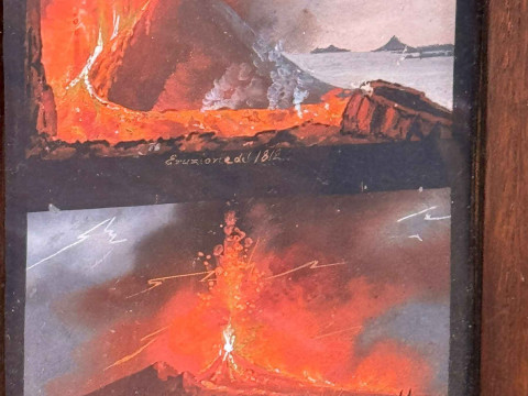 Pair of gouache sketches of the eruption of Mount Vesuvius, 1794, 1803, 1812 and 1822, in rosewood frames, 27cm by 24cm, including frames. thumbnail