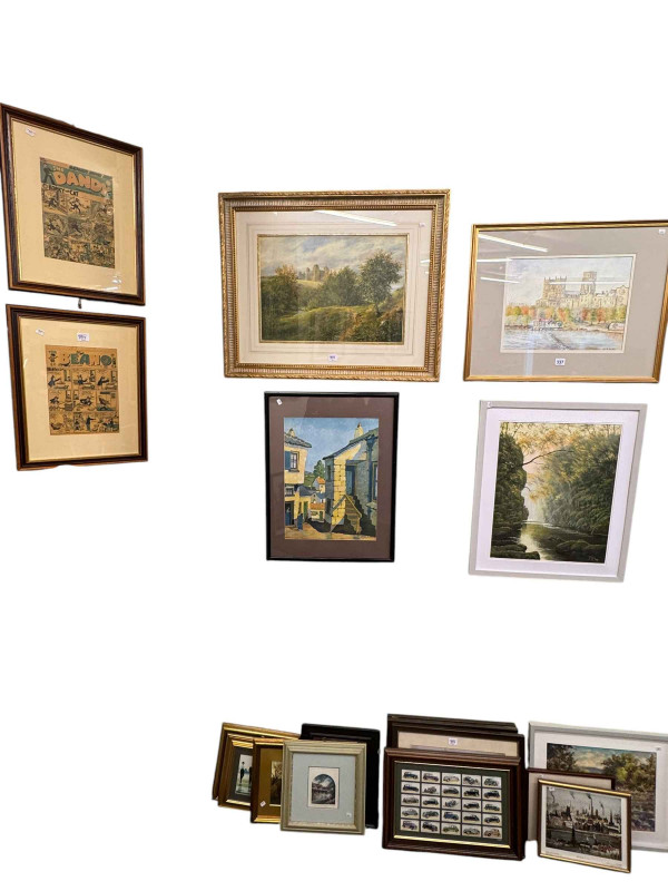 Collection of 19 various framed pictures including Durham Cathedral watercolour, landscape oils, pair framed Beano comic covers etc.