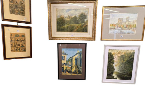 Collection of 19 various framed pictures including Durham Cathedral watercolour,...