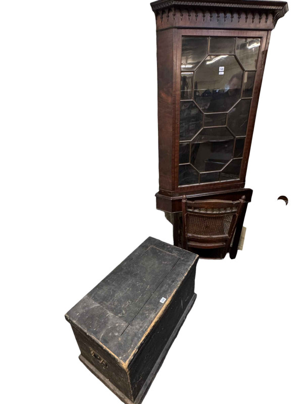 Mahogany astragal glazed corner cabinet and associated stand, pine carpenter's tool box, child's desk and bergere panelled back nursing chair (5).