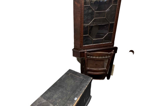 Mahogany astragal glazed corner cabinet and associated stand, pine carpenter's...