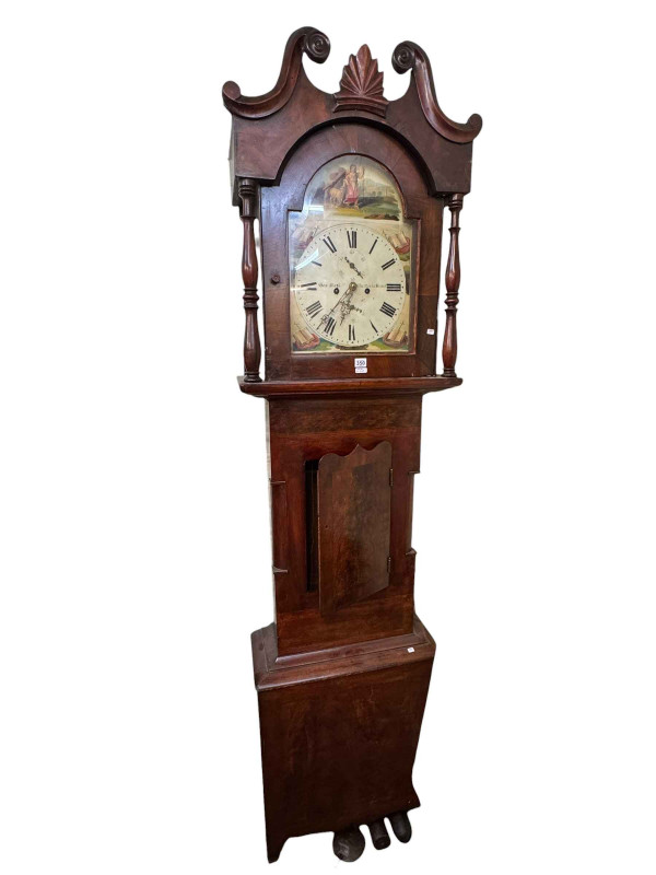 Antique mahogany eight day longcase clock having painted arched dial, signed Geo Steel, Chester le Street, 230cm.