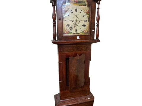 Antique mahogany eight day longcase clock having painted arched dial,...