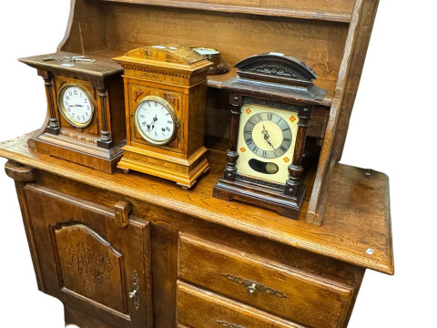 Continental rustic style eight piece dining suite comprising waterfall shelf back dresser, rectangular two drawer dining table, pair jointed benches and four rush seated chairs. thumbnail