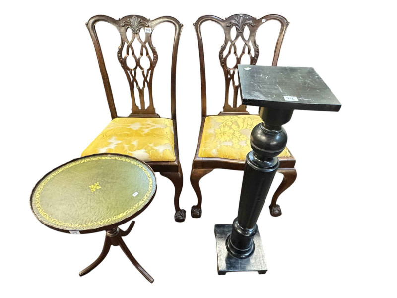 Pair mahogany Chippendale style side chairs, ebonised torchere and mahogany tripod wine table (4).