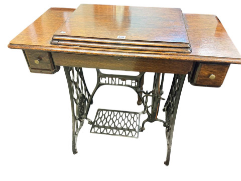 Vintage cast base Singer treadle sewing machine, 1930's gramophone cabinet and later nest of three mahogany tables (3). thumbnail