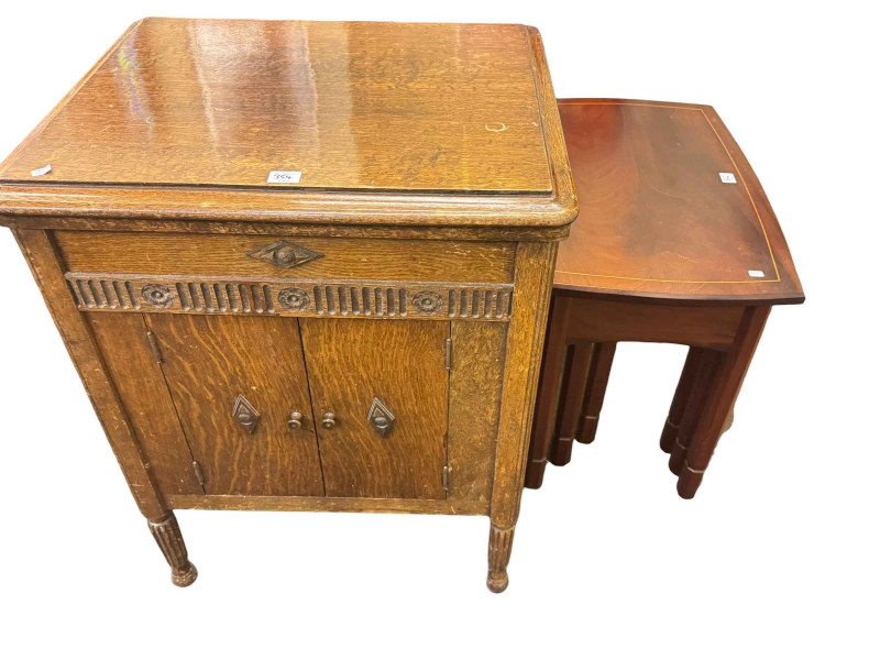 Vintage cast base Singer treadle sewing machine, 1930's gramophone cabinet and later nest of three mahogany tables (3).