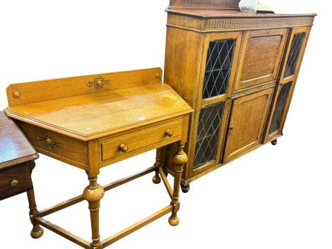 1920's/30's oak bureau centre cabinet with leaded glass doors and oak...