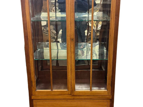 Edwardian mahogany and chequer inlaid two door vitrine on cabriole legs...