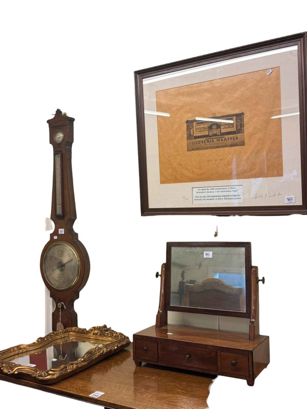 Antique banjo barometer, mahogany three drawer toilet mirror, limited edition framed Harry Ramsden souvenir, gilt framed wall mirror, brass stick stand and shooting stick (6).