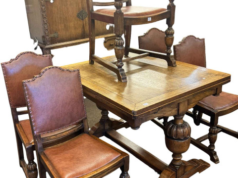 1930's oak two door cabinet on two drawer stand, draw leaf dining table...