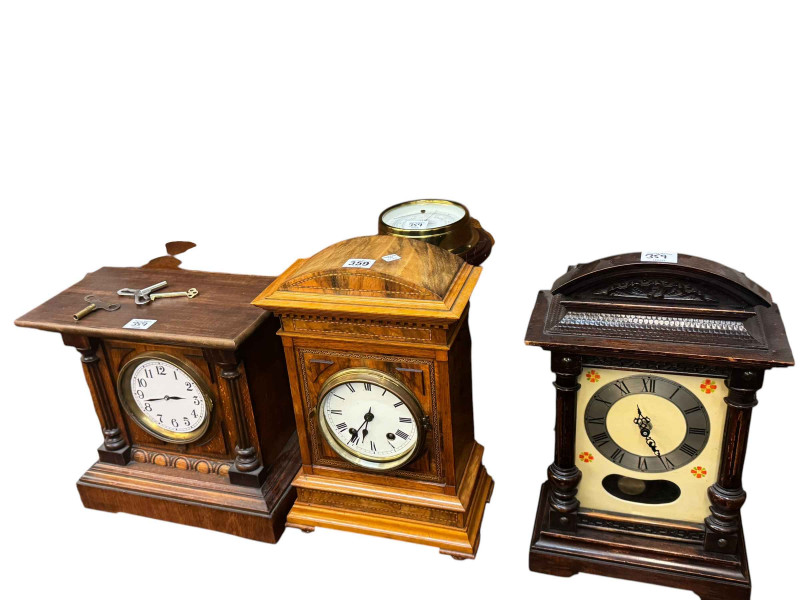 Three various mantel clocks, stick barometer and circular barometer (5).