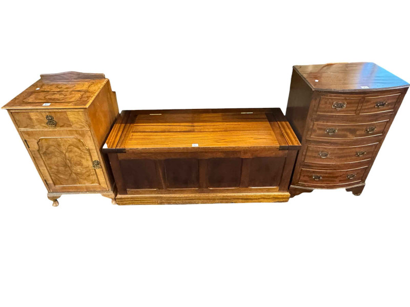 Small mahogany four drawer bow front chest, hardwood blanket box and walnut bedside pedestal (3).