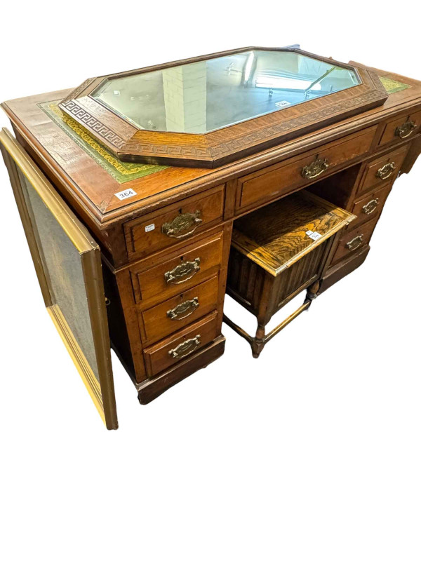 Victorian walnut pedestal desk, oak box stool, oak framed bevelled wall mirror and gilt framed print (4).