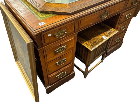 Victorian walnut pedestal desk, oak box stool, oak framed bevelled wall...