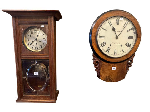 Victorian walnut wall clock, 1920's mahogany wall clock and rectangular...