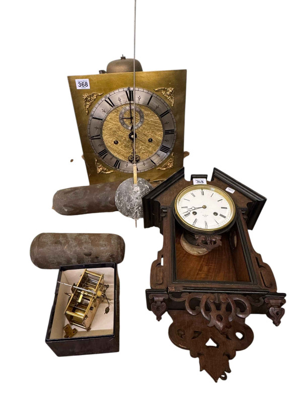 8 day longcase clock movement, pendulum and two weights, part French wall clock and French clock movement.