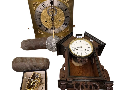 8 day longcase clock movement, pendulum and two weights, part French wall...
