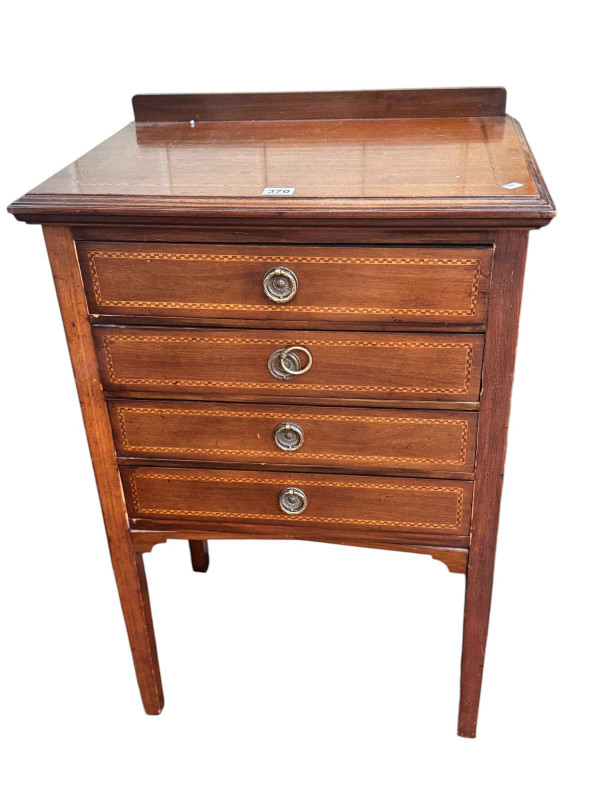 Edwardian mahogany and chequer inlaid four drawer music cabinet, 86cm by 55cm by 38cm.