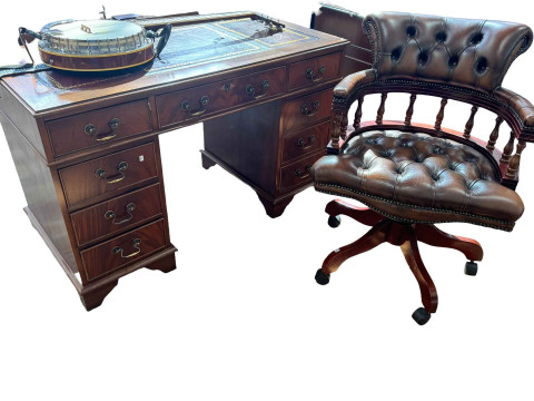 Mahogany eight drawer pedestal desk and brown buttoned leather captain's...