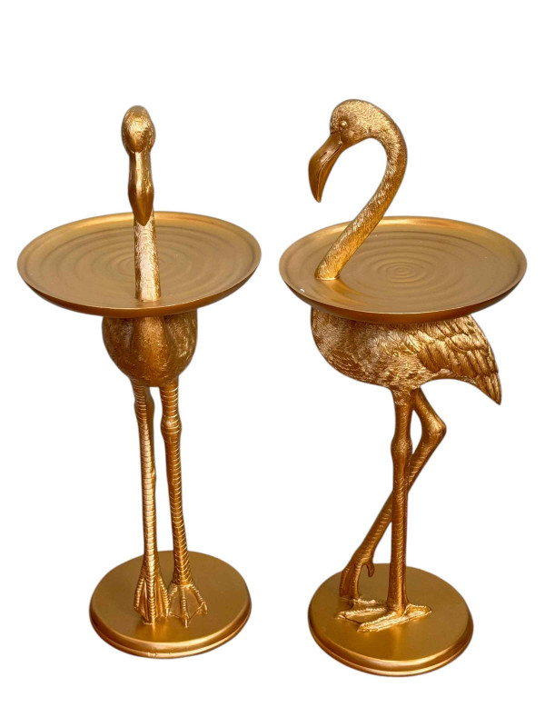 Pair gilt painted flamingo wine tables, 74cm.