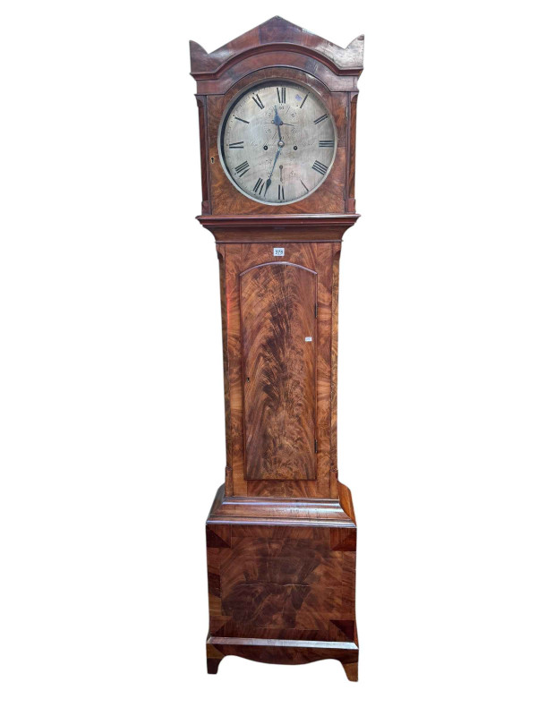 Antique mahogany 8day longcase clock having circular silvered dial, signed Sam Marks, Bridgend, 206cm.
