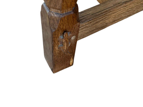 Derek 'Lizardman' Slater refectory oak dining table, 71cm by 214cm by 103cm together with a set of eight lattice and panel back dining chairs, including pair carvers. thumbnail