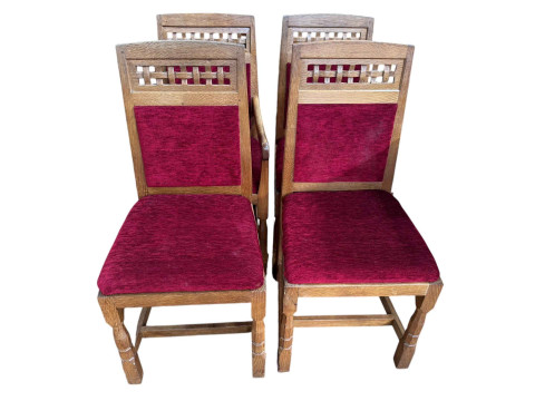 Derek 'Lizardman' Slater refectory oak dining table, 71cm by 214cm by 103cm together with a set of eight lattice and panel back dining chairs, including pair carvers. thumbnail