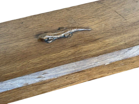 Derek 'Lizardman' Slater refectory oak dining table, 71cm by 214cm by 103cm together with a set of eight lattice and panel back dining chairs, including pair carvers. thumbnail