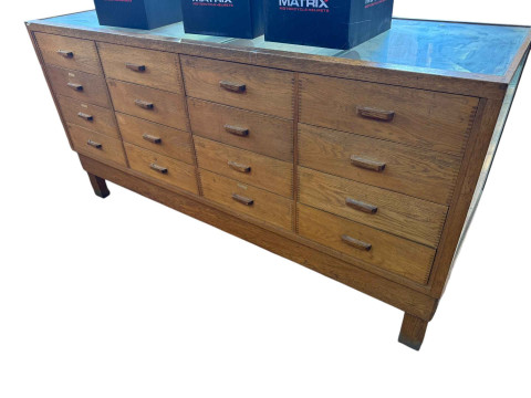 Mid century golden oak sixteen drawer haberdashery cabinet, 91.5cm by 183cm by 61.5cm. thumbnail