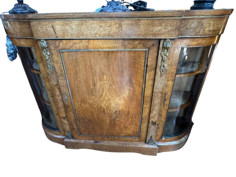 Victorian inlaid walnut and gilt mounted credenza having central inlaid...
