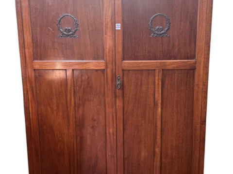 1920's mahogany two door fitted wardrobe, 203cm by 145cm by 52cm.