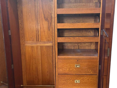 1920's mahogany two door fitted wardrobe, 203cm by 145cm by 52cm. thumbnail