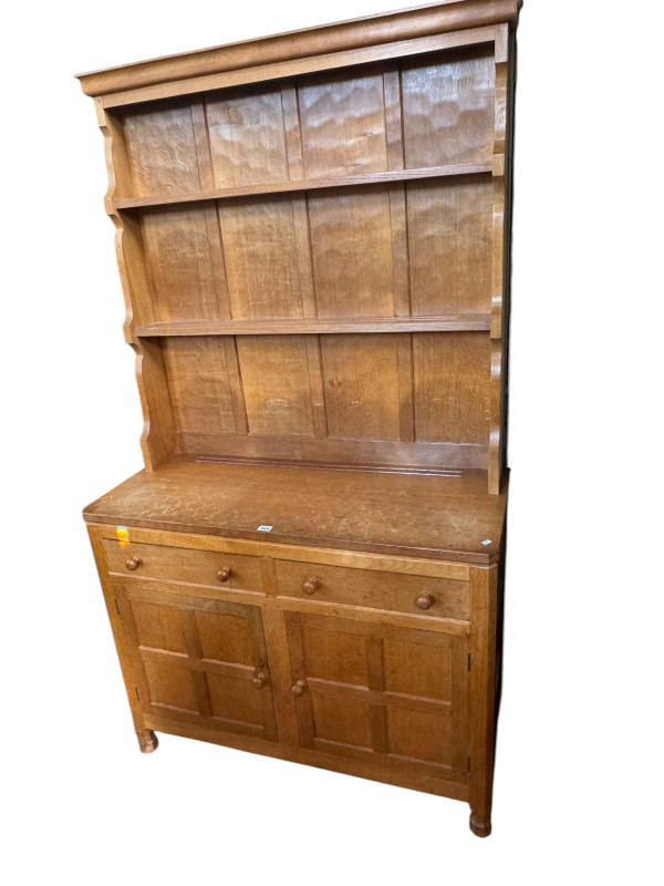 Albert 'Eagleman' Jeffray adzed oak shelf back dresser, 191cm by 108cm by 46cm.