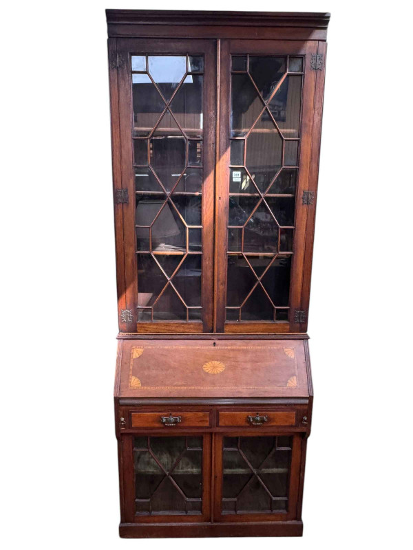 Edwardian inlaid mahogany two drawer bureau with two glazed panel doors and associated oak astragal glazed two door bookcase top, 231cm by 87cm by 42cm.