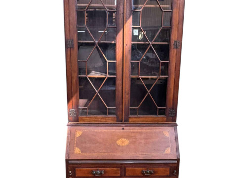 Edwardian inlaid mahogany two drawer bureau with two glazed panel doors...